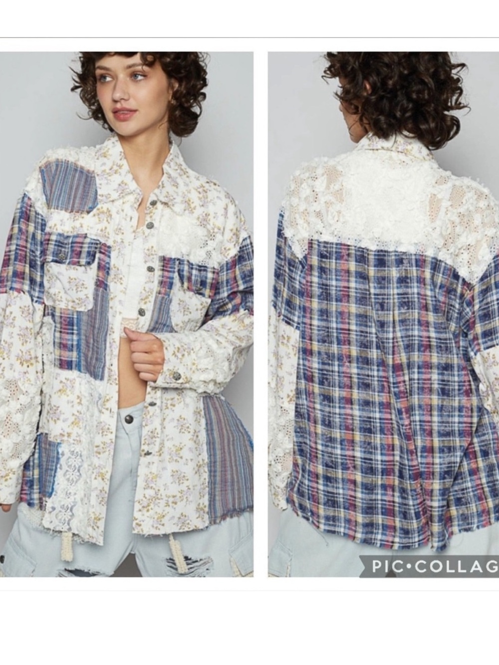 POL Boho Patchwork Lace-Trim Button-Up Shirt - Blue Plaid & Cream Floral Medium